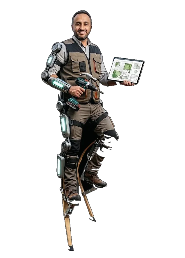 L'Artisan Augmenté — artisan multi-services équipé d'un exosquelette, tenant une perceuse et une tablette de plans de jardin